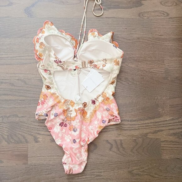 Zimmermann Laurel Wire Frill Halter One Piece Pink Floral Swimsuit Size 2 US 8 - Picture 5 of 11
